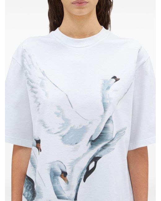 MSGM White Swan-Print Cotton T-Shirt