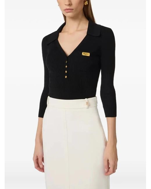 Elisabetta Franchi Black Micro‑Braided Ribbed‑Knit Polo Top