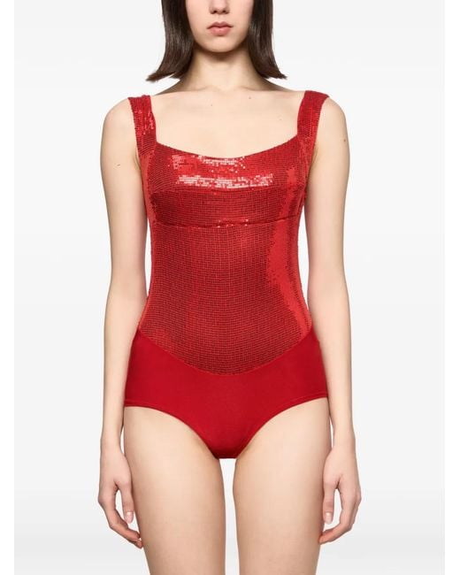 Atu Body Couture Red Square-Neck Sequin Bodysuit