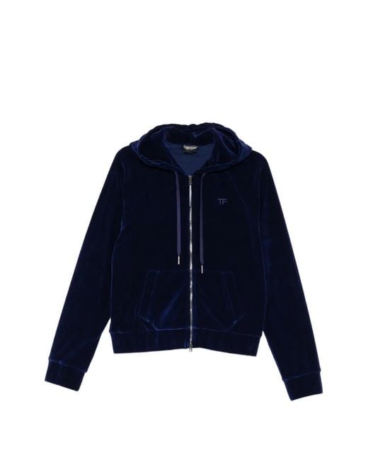 Tom Ford Blue Velour Tonal Tf Embroidered Zip Hoodie
