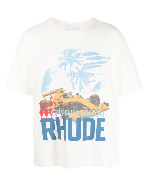Rhude Miami Grand Prix Cotton T-shirt in White for Men | Lyst