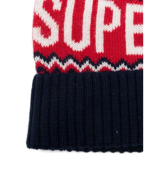 Superdry Red Pompom-Detail Patterned Beanie