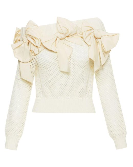 Oscar de la Renta White Bow-embellished Pointelle-knit Jumper