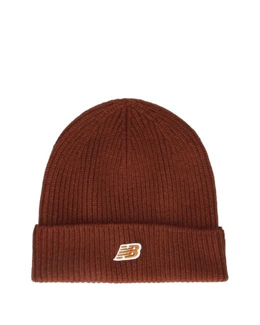 New Balance Brown Logo-Patch Beanie Hat for men