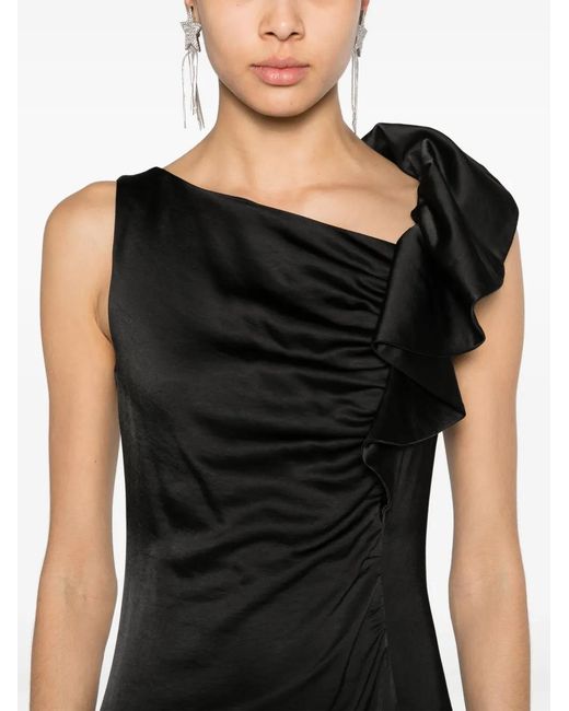 Nissa Black Ruffled Satin Midi Dress