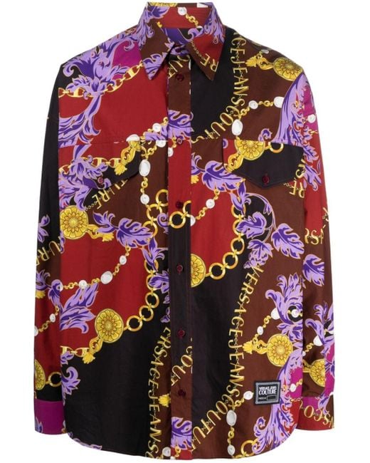 Chain Couture-print cotton shirt di Versace in Red da Uomo
