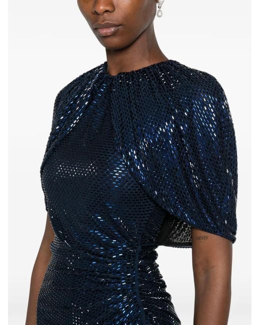 Self-Portrait Blue Rhinestone-Embellished Cape-Sleeve Midi Dress