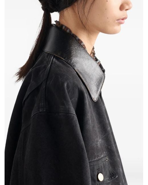 Veste En Coton À Col En Cuir Prada en coloris Black