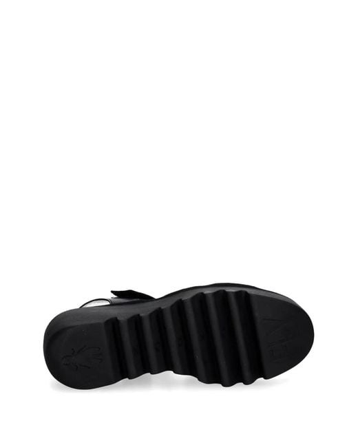 Fly London Black Touch-Strap Wedge Sandals