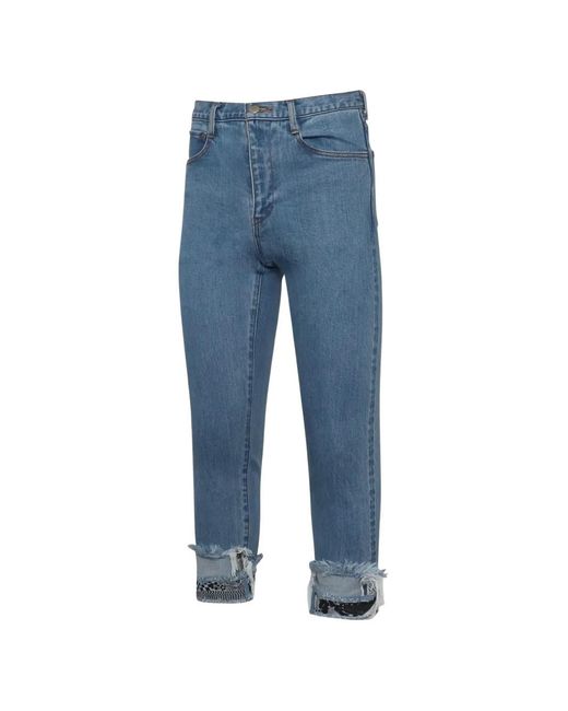 Facetasm Blue Cropped Print-Detail Jeans for men