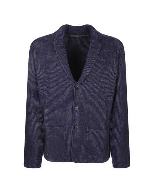 Zanone Blue Ribbed-Knit Shawl-Collar Cardigan for men