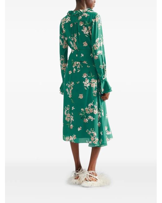 Erdem Green Floral Crepe De Chine Drape Midi Skirt