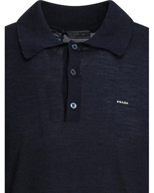 Prada Blue Wool Polo Shirt With Long Slevees for men