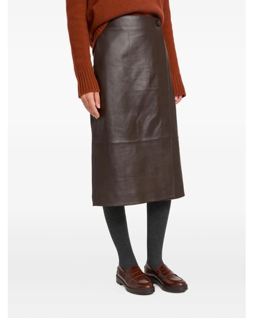 Yves Salomon Brown Leather Panel Midi Skirt