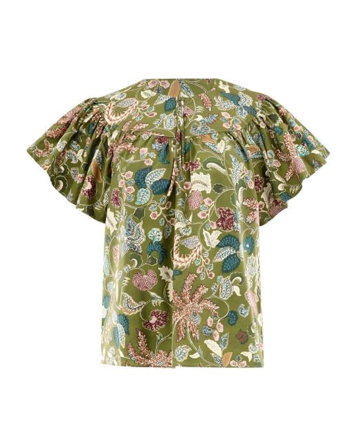 Ulla Johnson Green Perline Flutter-Sleeve Floral Blouse
