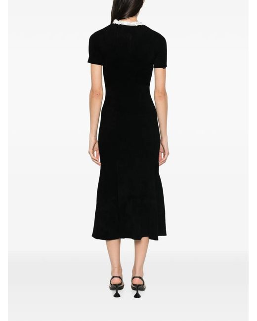 Self-Portrait Black Floral-Appliqué Ribbed-Knit Midi Dress