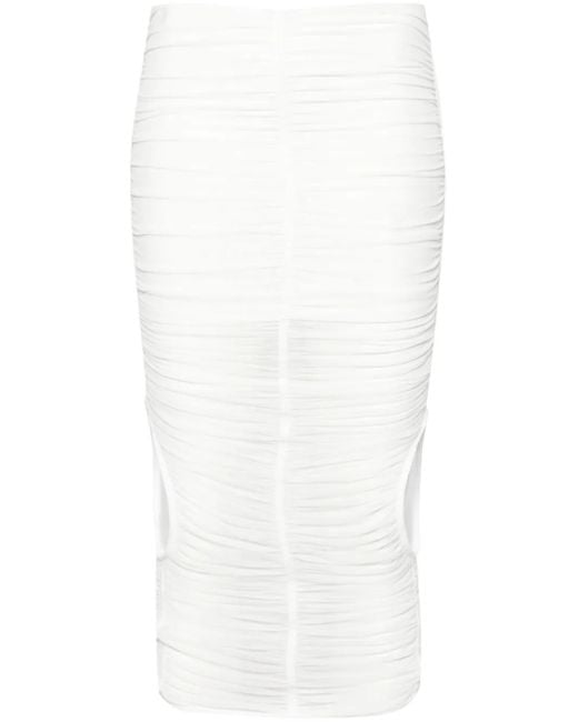 Mugler White Mesh Ruched Midi Skirt