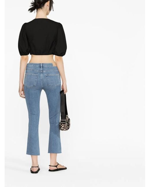 Ganni Black Cropped Puff-Sleeve Blouse