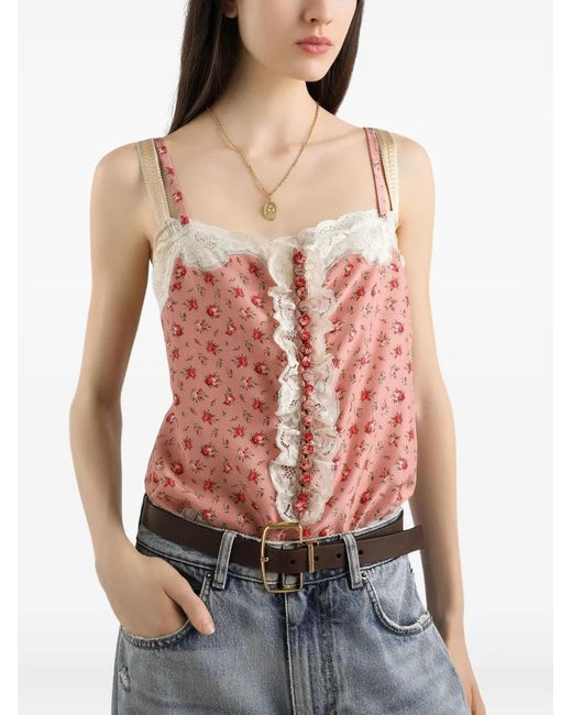 Dolce & Gabbana Pink Floral-Print Lace-Trim Top