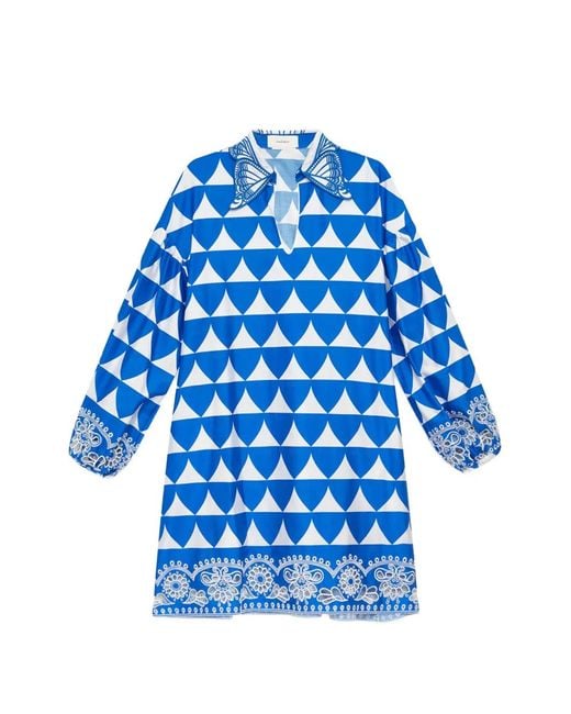 Maliparmi Blue Optical-Print Broderie-Anglaise Mini Dress