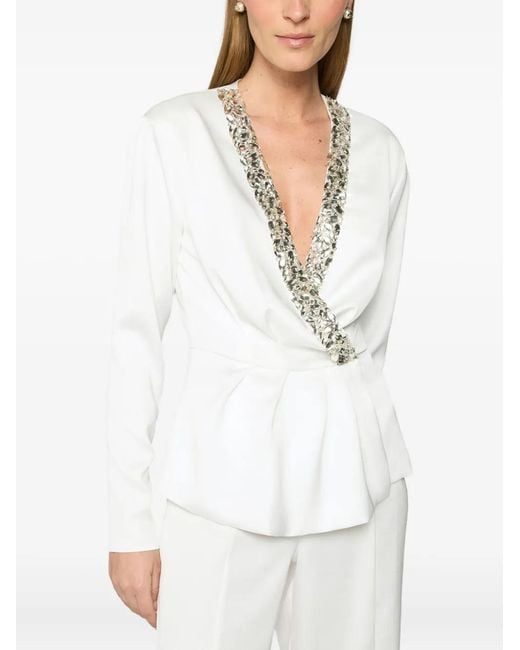 Genny White Crystal-Embellished Wrap Blouse