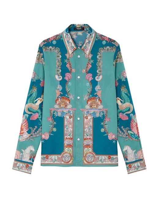 Versace Blue Silk Shirt With "Coral Theatre" Print for men
