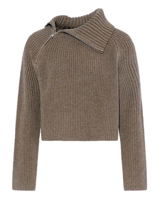 Yves Salomon Brown Zip-Neck Ribbed Sweater