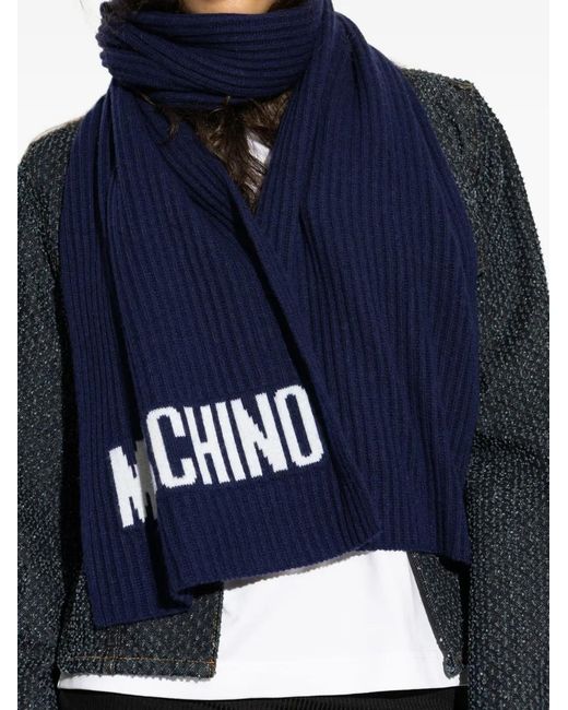 Moschino Blue Ribbed Logo Scarf