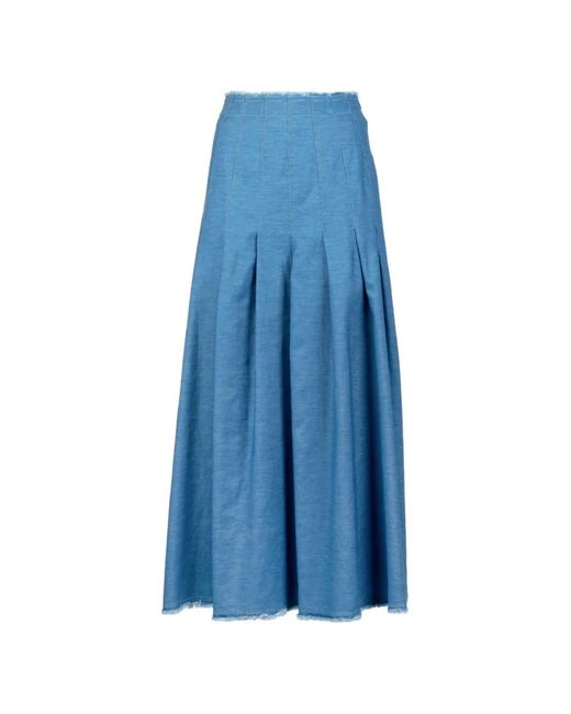 Via Masini 80 Blue Pleated Frayed-Hem Midi Skirt