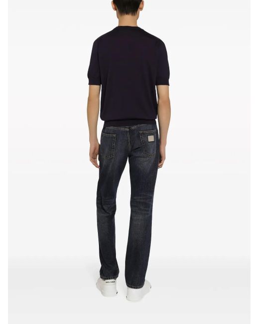 Dolce & Gabbana Blue Logo-Embroidered Silk Knitted Top for men