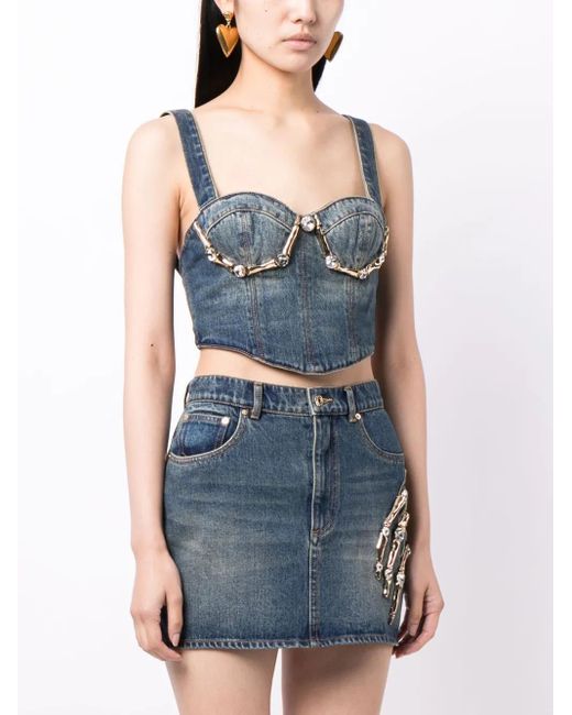Area Blue Claw Cup Crystal-embellished Denim Bustier