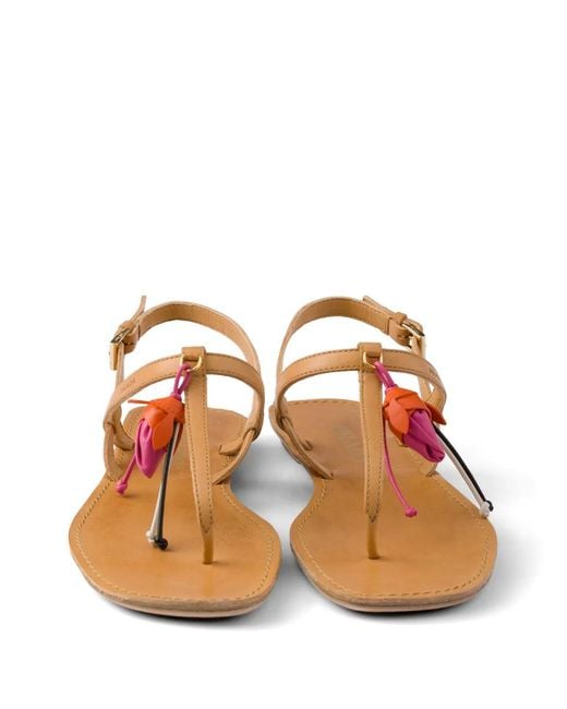 Prada Brown Antiqued Leather Thong Sandals With Floral Ornament