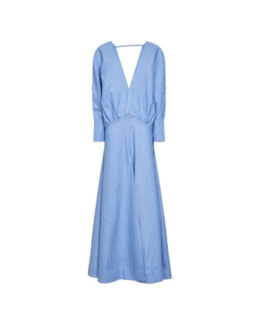 BATAKOVIC Belgrade Blue Plunging V-Neck Gathered Midi Dress