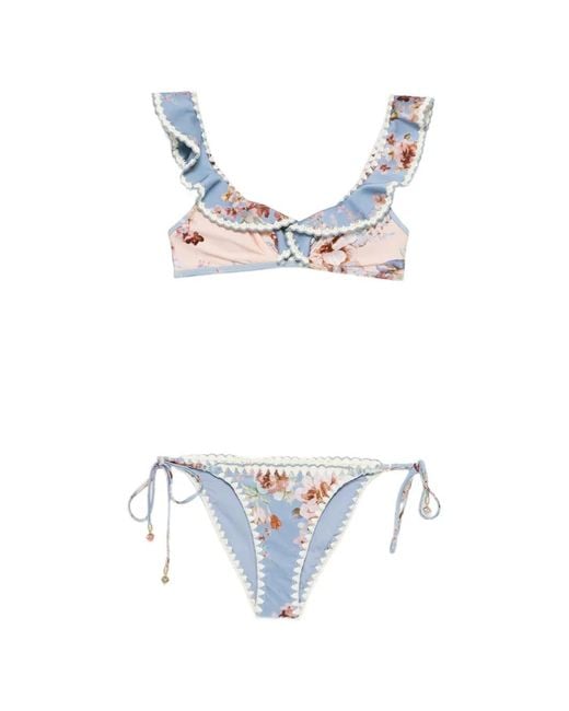 Zimmermann White Ruffled Floral Bikini
