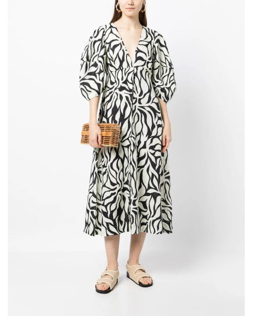 Cala De La Cruz White Botanical-Print Button-Up V-Neck Dress