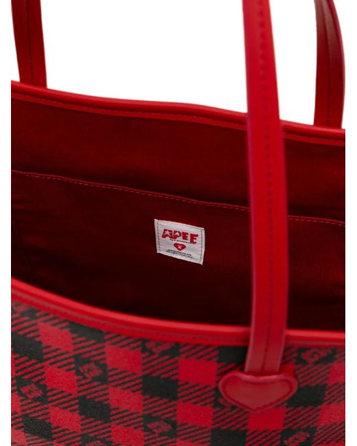 AAPE BY A BATHING AP Red Check-Pattern Heart-Patch Tote Bag