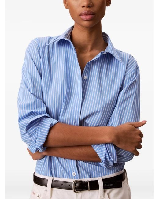 Calvin Klein Blue Light Vertical Striped Poplin Shirt With Classic Collar