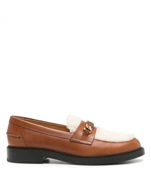 Tod's Brown And White Chain-detail Shearling Leather Loafers - Women's - Calf Leather/wool/rubber
