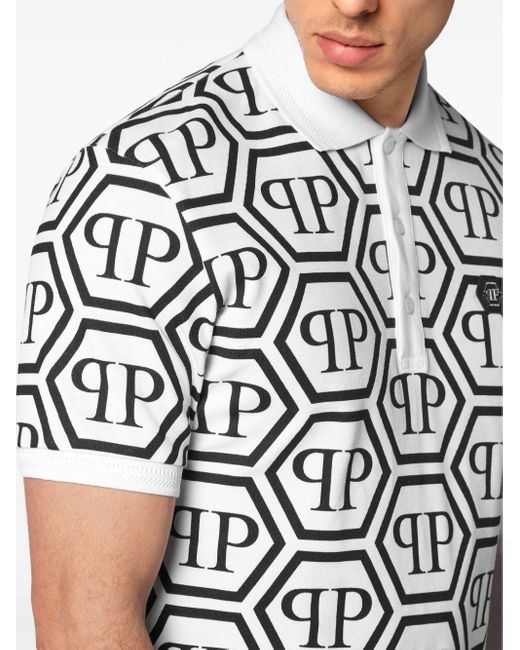 Philipp Plein White Monogram-print Cotton Polo Shirt for men