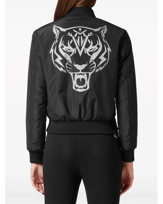 Philipp Plein Black Logo-Patch Zip-Up Bomber Jacket