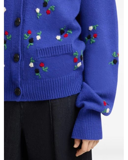 Marni Blue Flower-Embroidered Balloon-Sleeve Cardigan