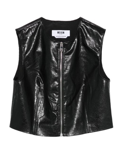 MSGM Black Textured Faux Leather Sleeveless Top With Front Zipper