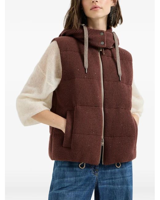 Brunello Cucinelli Brown Hooded Ribbed Knitted Down Vest