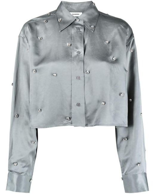 Sandro Blue Crystal-embellished Cropped Shirt
