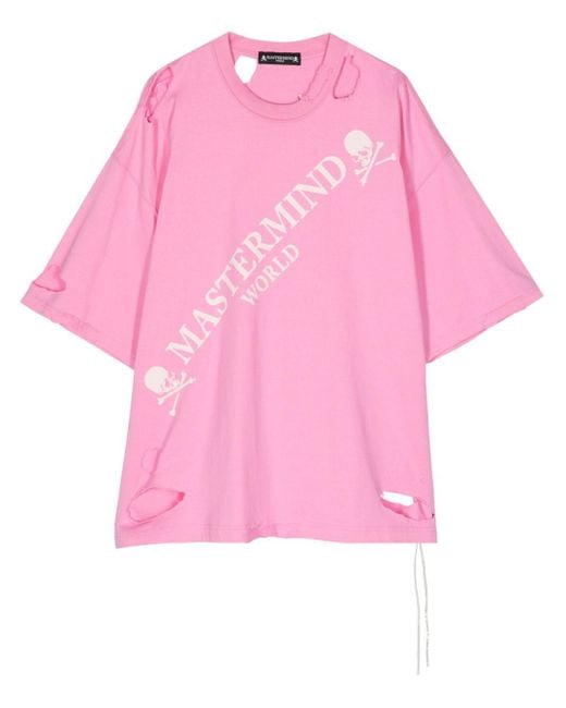 メンズ MASTERMIND WORLD ダメージ Tシャツ Pink