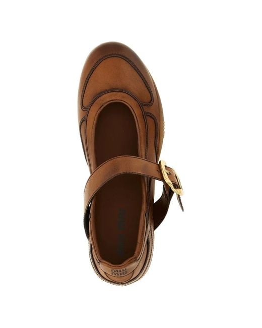 Miu Miu Brown Gymnasium Leather Ballerinas With Strap And Buckle