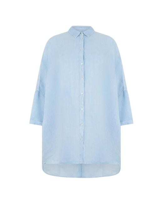 120% Lino Blue High-Low Button-Down Shirt