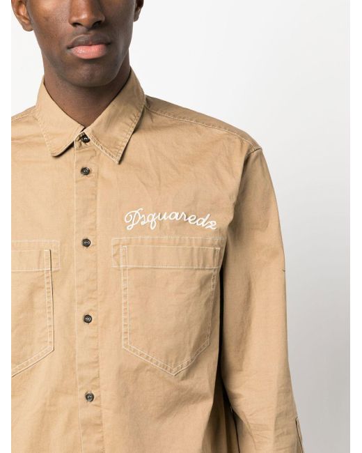 DSquared² Logo-embroidered Button-up Shirt in het Natural voor heren