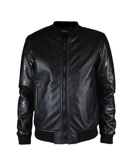 Philipp Plein Black Leather Bomber Jacket for men