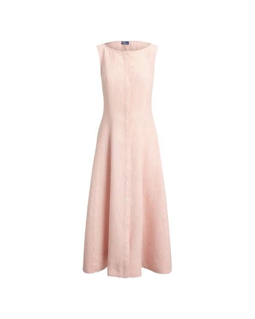 Polo Ralph Lauren Pink Striped Linen Midi Dress